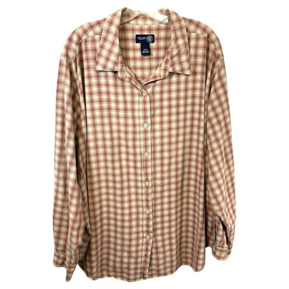 Venezia Plus Size 27/28 Top Plaid Button Up Red Beige Long Sleeve Western - Picture 1 of 3
